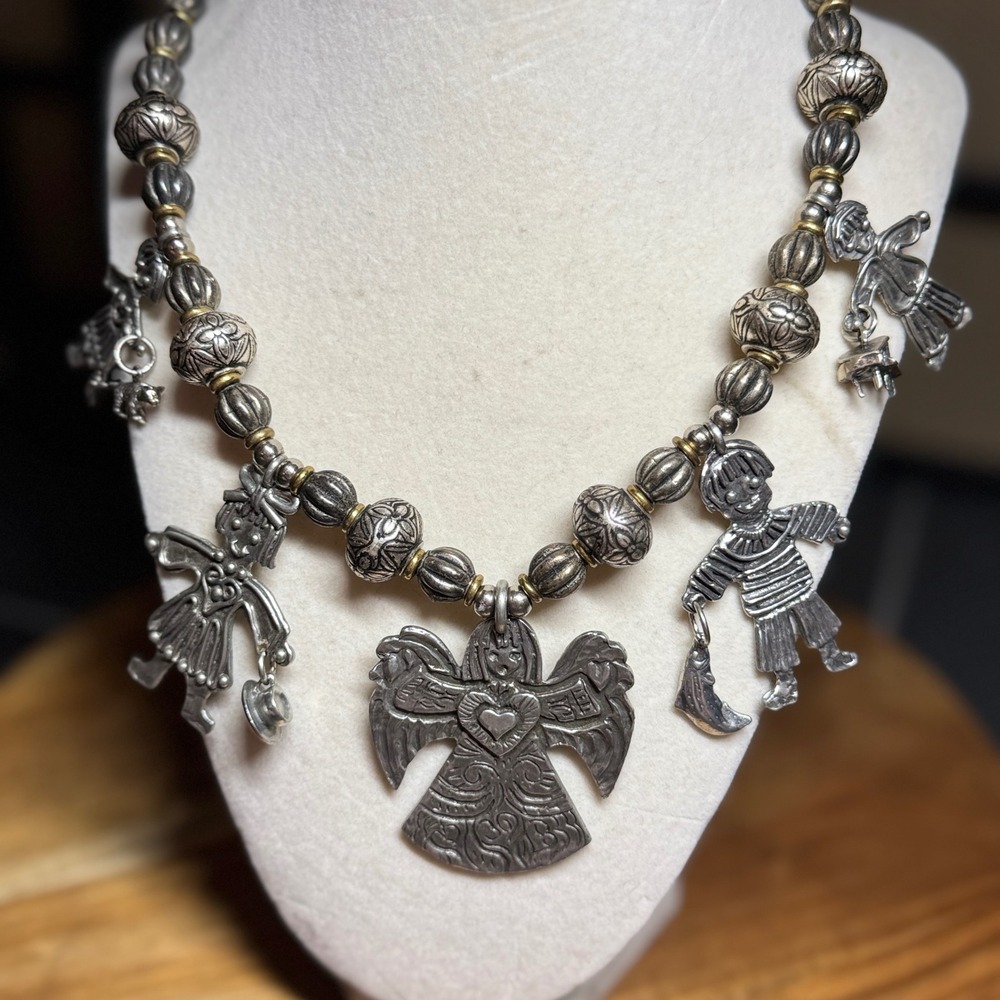 Mancini Charity Angel &nChildren Charm Necklace Pewter Artisan Beaded Signed